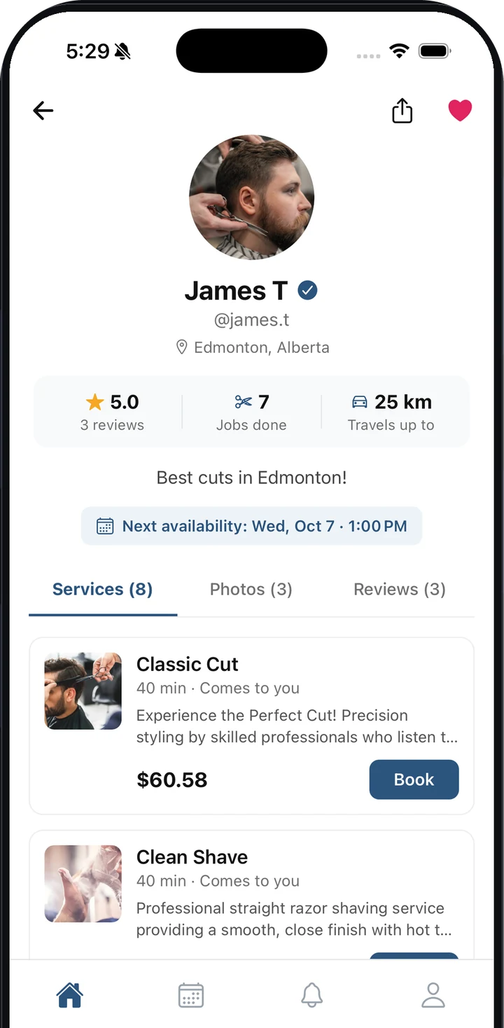 A barber's profile in the HireHand app with rating, jobs done, travel distance and services