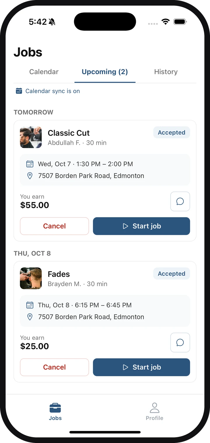 The HireHandEarn Jobs screen with upcoming appointments and what the barber earns